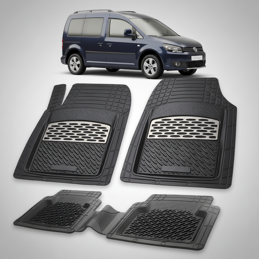 Set of black car floor mats with a car in the background