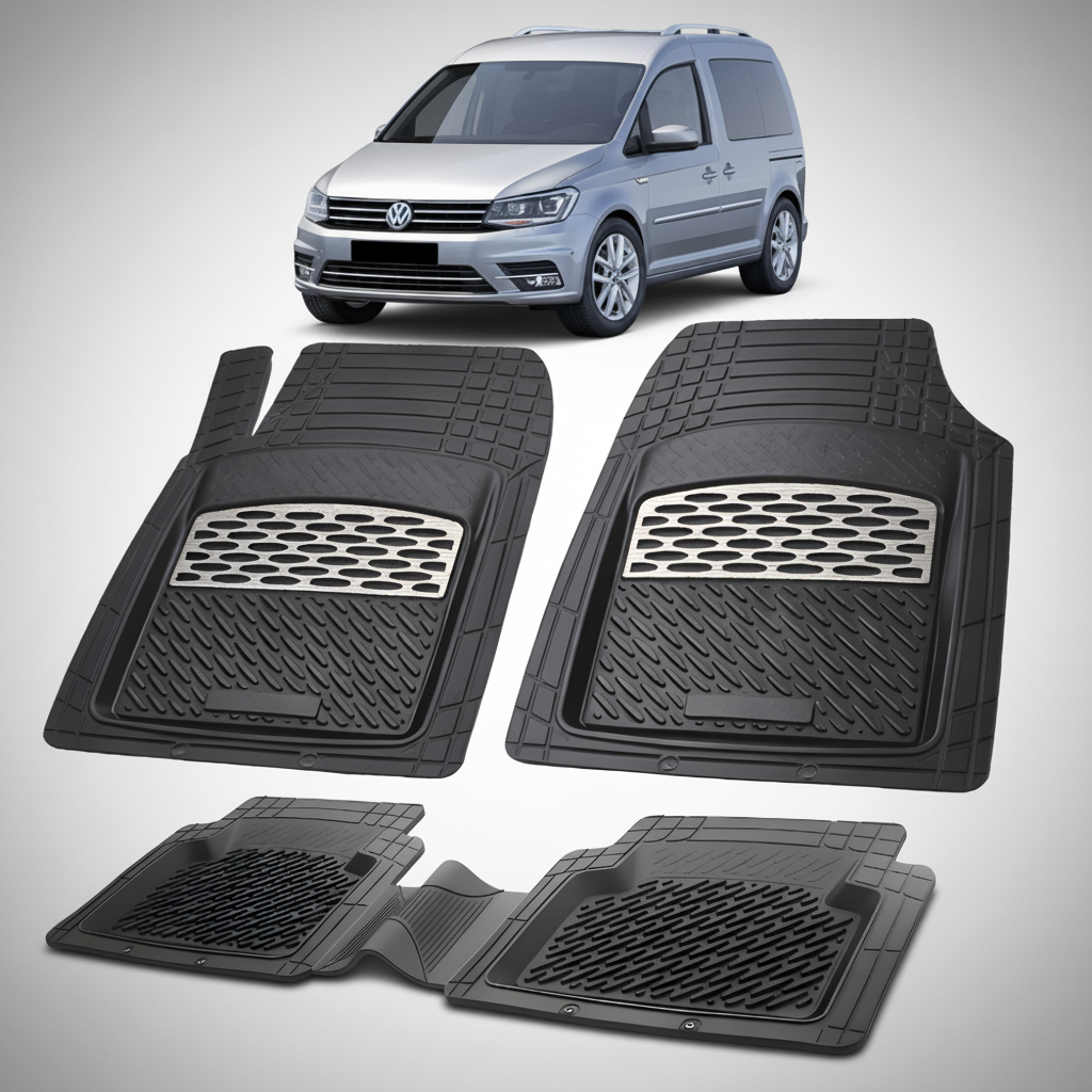 Set of black car floor mats with a Volkswagen van in the background