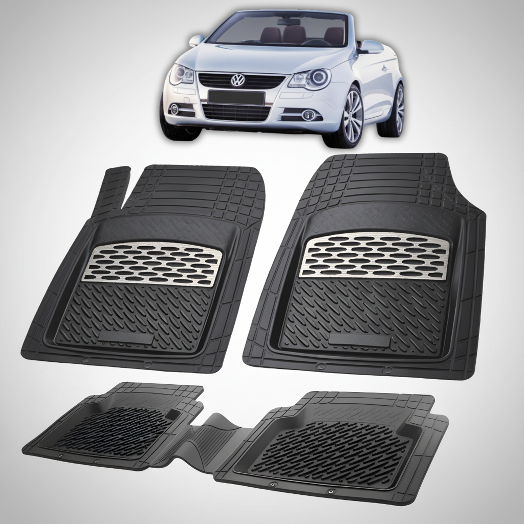 Set of black car floor mats with a Volkswagen car in the background