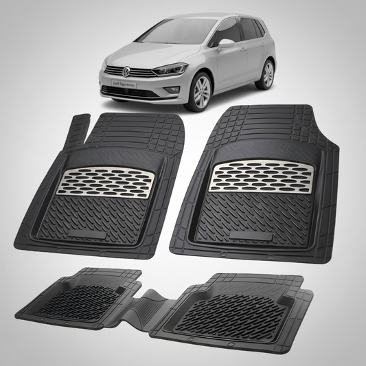 Set of black car floor mats with a Volkswagen car in the background
