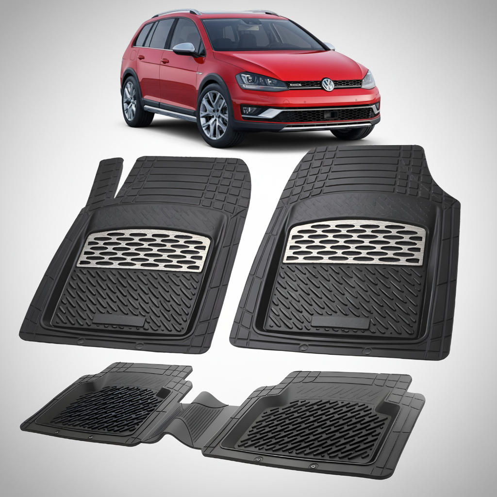 Set of black car floor mats with a red Volkswagen car in the background