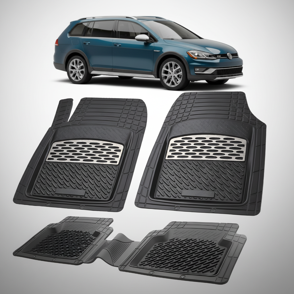 Set of black car floor mats with a blue car in the background
