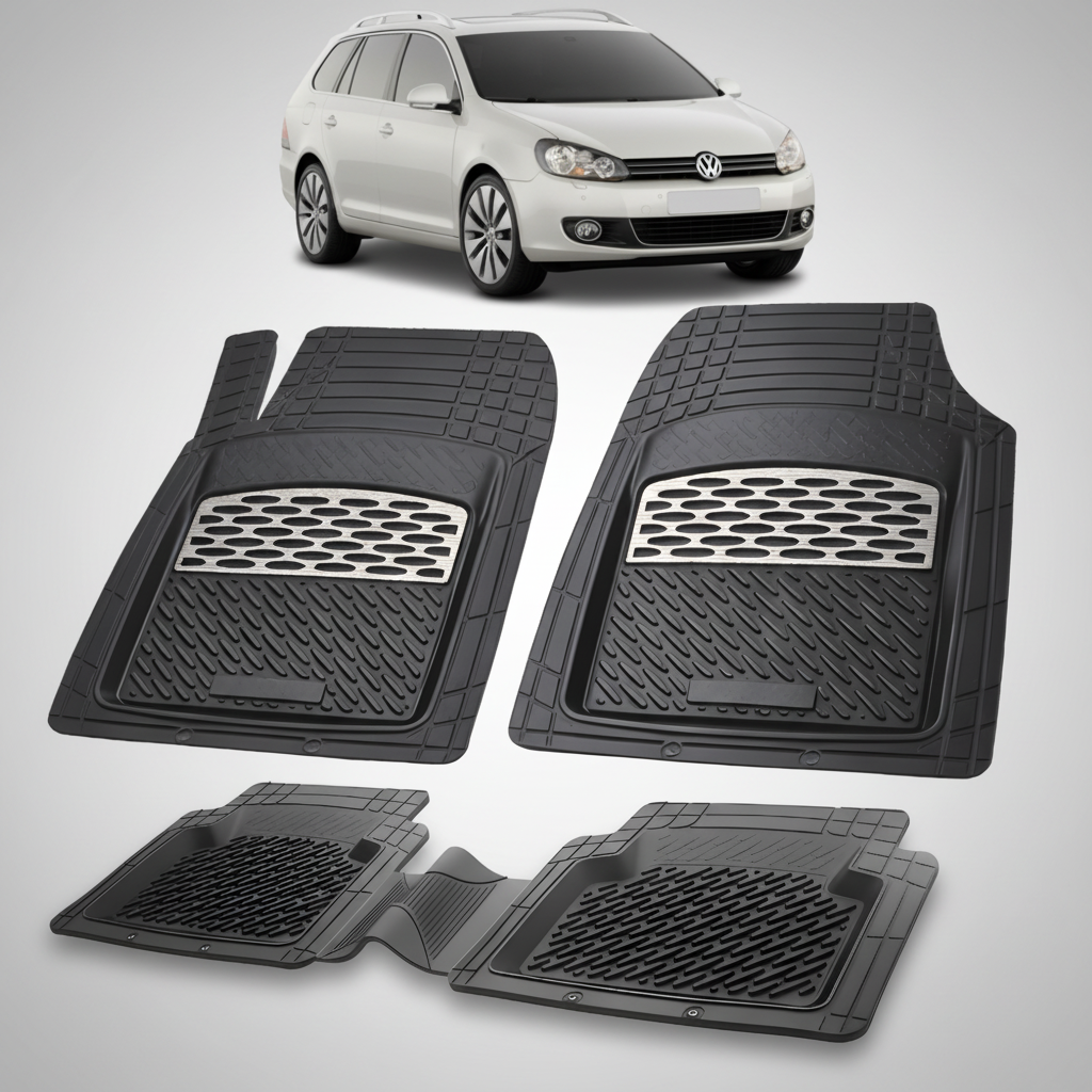Set of black car floor mats with a Volkswagen car in the background