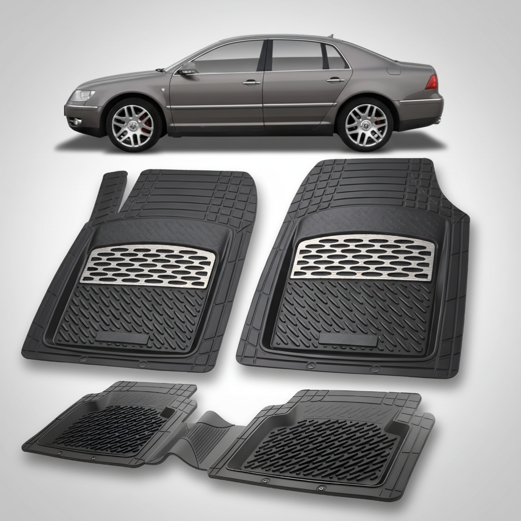 Set of black car floor mats with a car in the background
