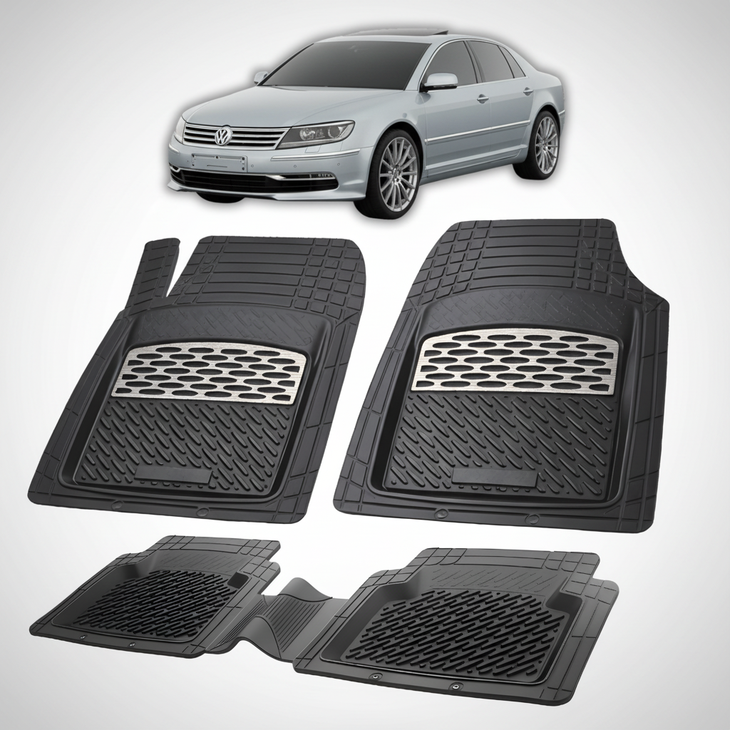 Set of black car floor mats with a Volkswagen car in the background