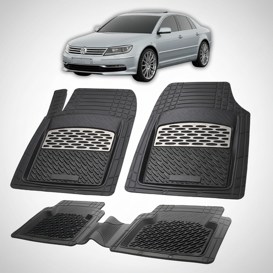 Set of black car floor mats with a Volkswagen car in the background