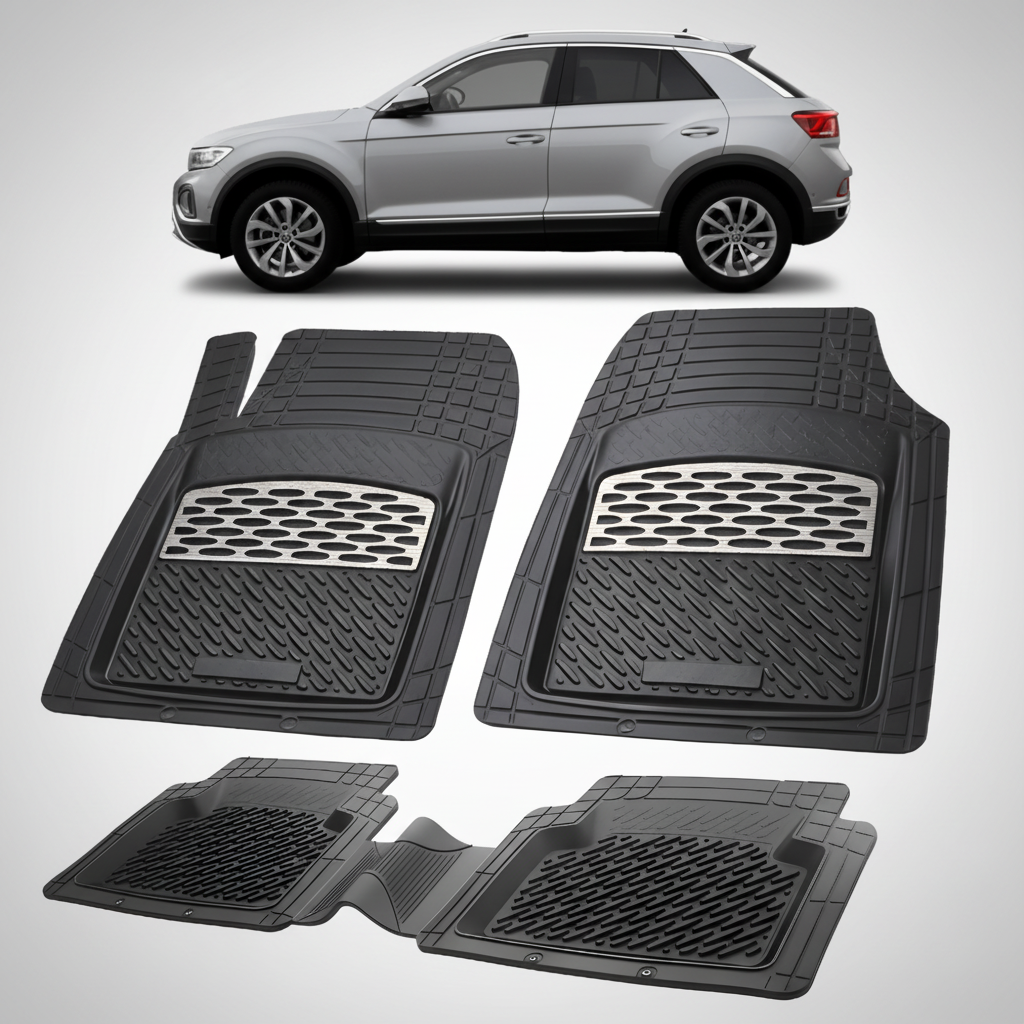 Set of black car floor mats with a car in the background