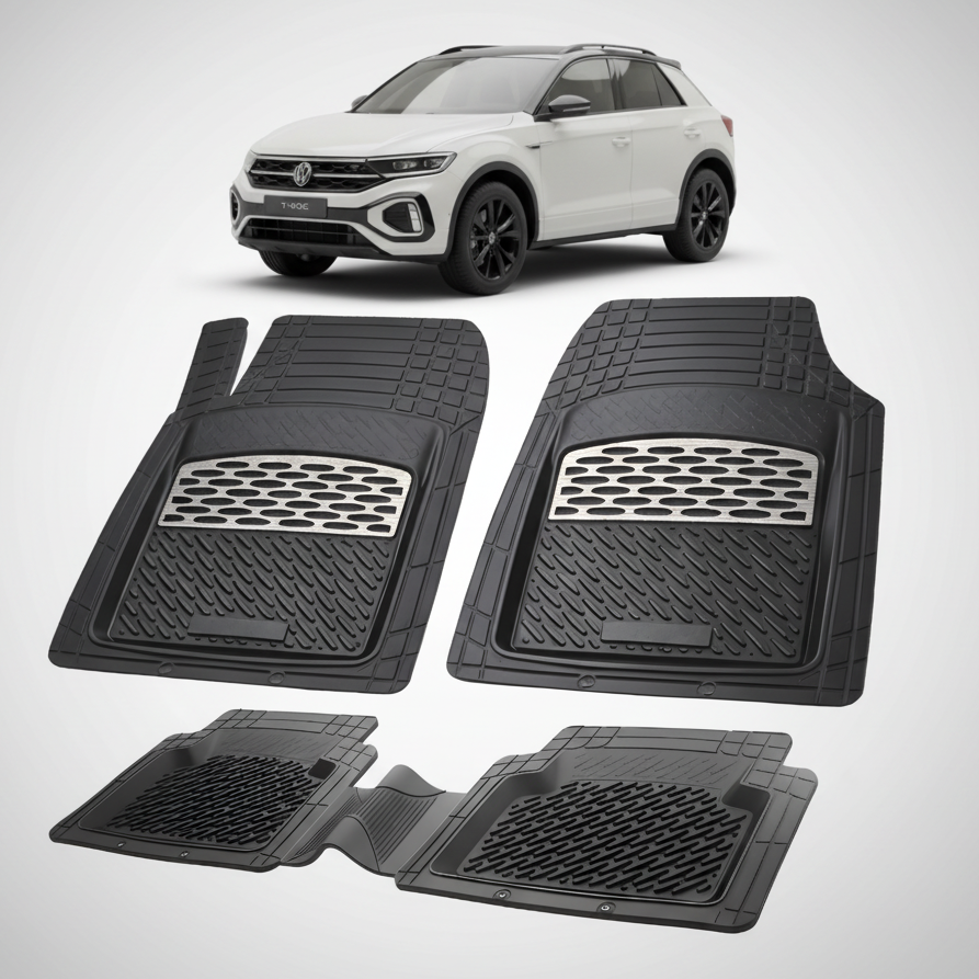 Set of black car floor mats with a white SUV in the background