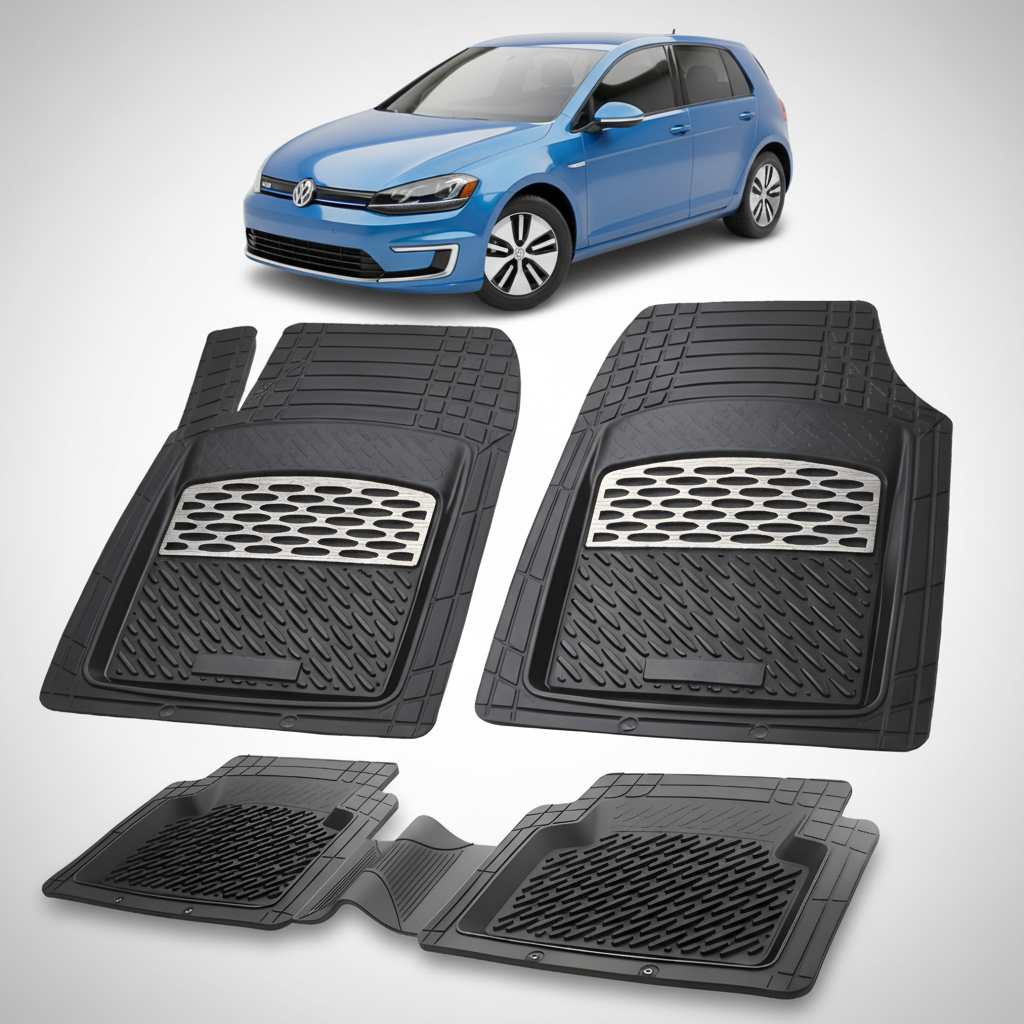 Set of black car floor mats with a blue car in the background