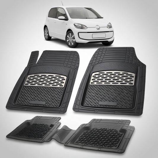 Set of black car floor mats with a small car in the background