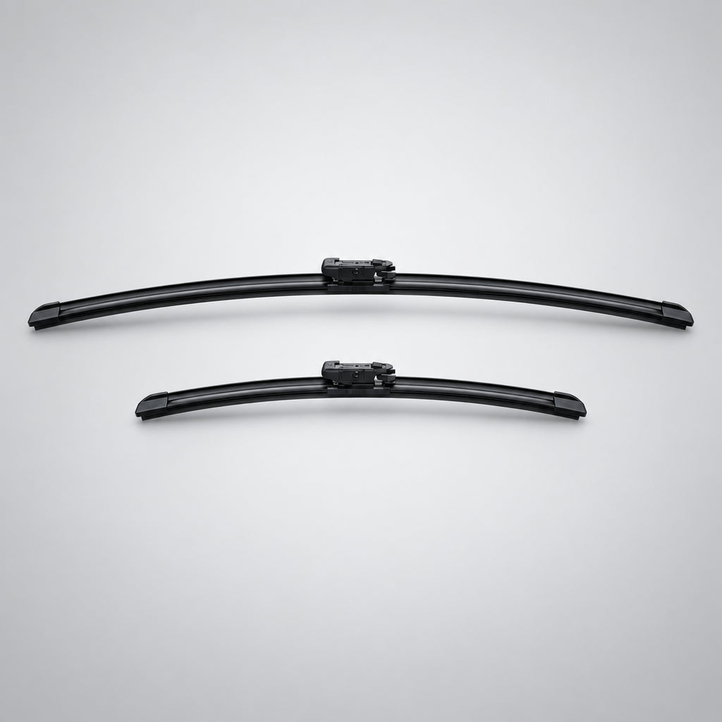 Două lame Bosch Aerotwin A579S văzute din lateral, cu adaptoarele la mijloc
