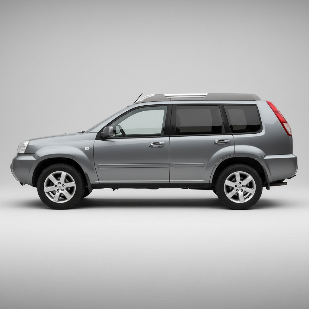 Side view of a silver Nissan X-Trail T31 (2007-2010) SUV on a white background