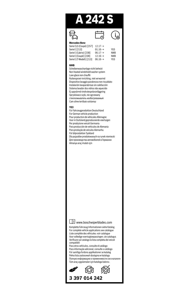 Eticheta Bosch A242S, MPN 3 397 014 242, cu aplicatii Mercedes-Benz si note NWB si Y03