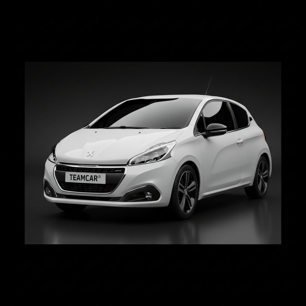 White car with 'TEAMCAR' branding on a black background