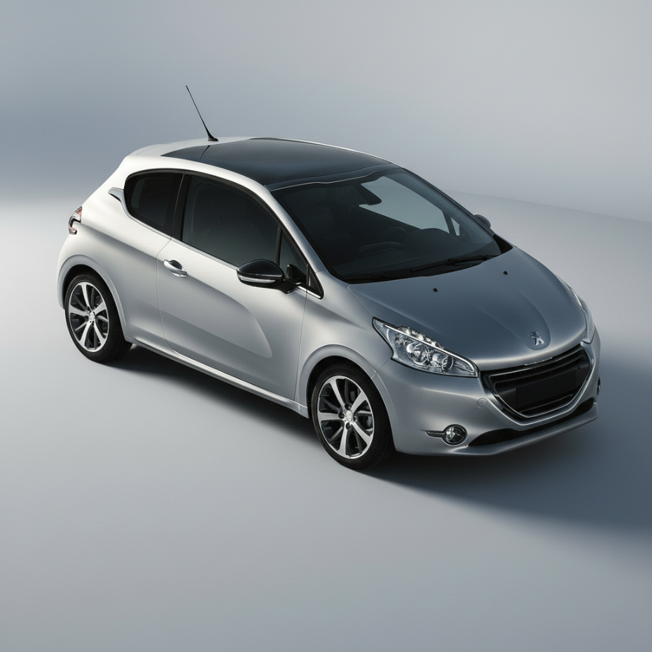 Silver Peugeot 208 I 3 doors (A9, 2012–2019)car on a white background