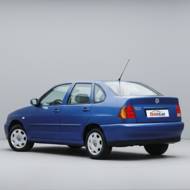 Blue VW POLO car on a white background with 'TeamCar' logo.