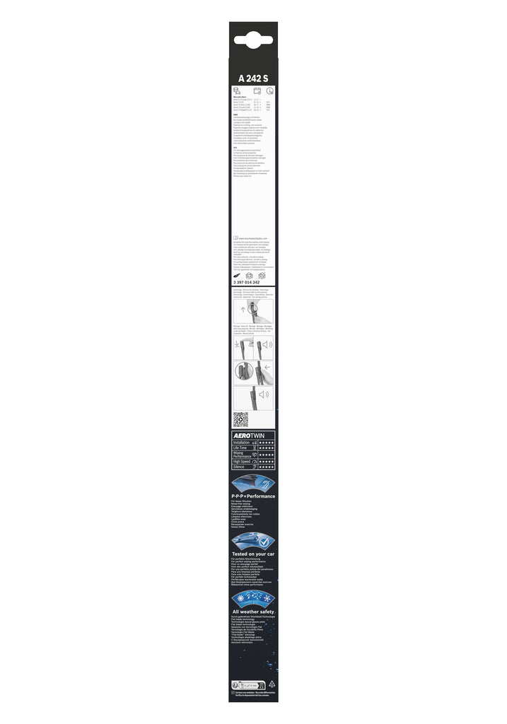 Spatele ambalajului Bosch Aerotwin A242S cu instructiuni ilustrate de montaj