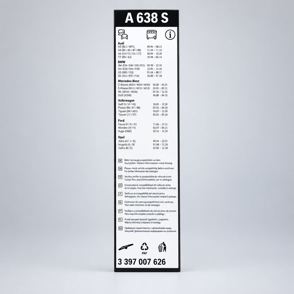 Eticheta ambalajului Bosch A638S cu codul 3 397 007 638 și lista de compatibilitate