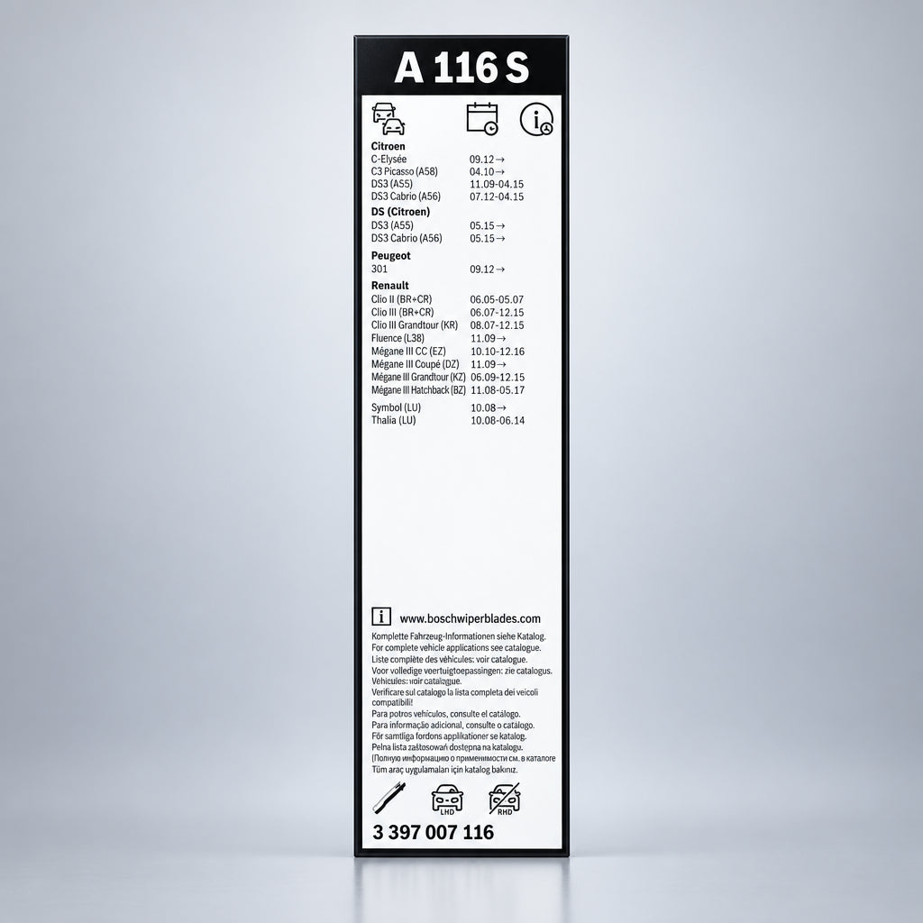 Spatele ambalajului Bosch A116S cu aplicații auto și codul 3 397 007 116