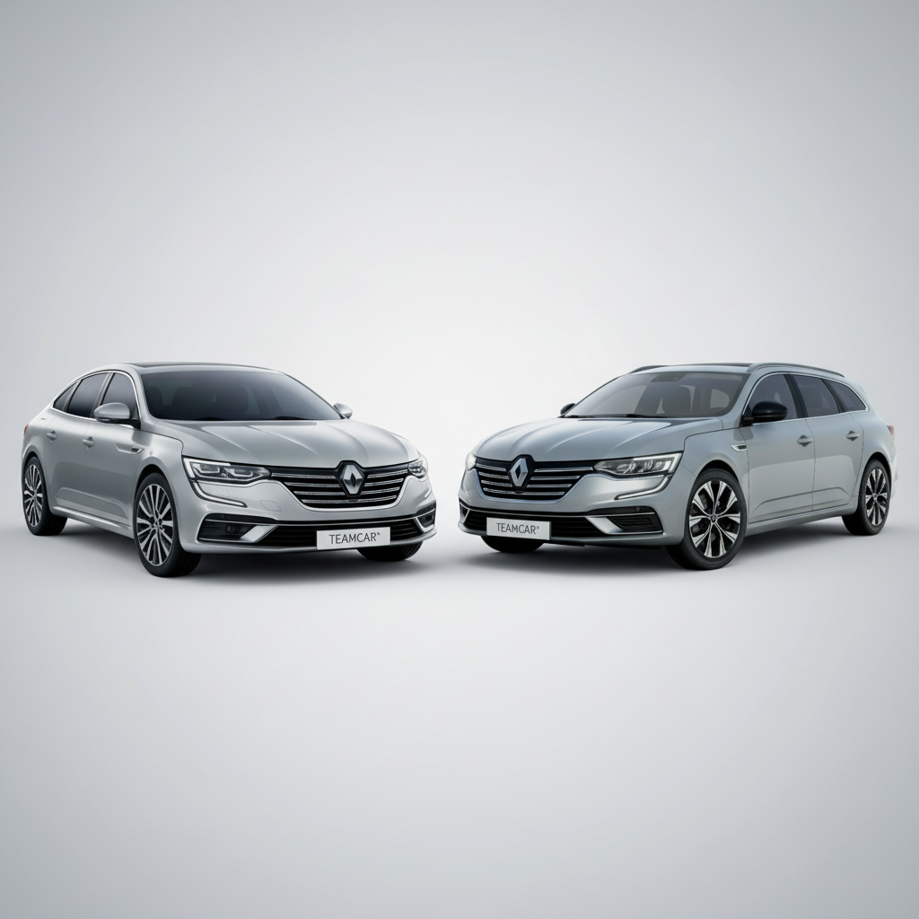 Two Renault cars, a sedan and a station wagon, on a white background