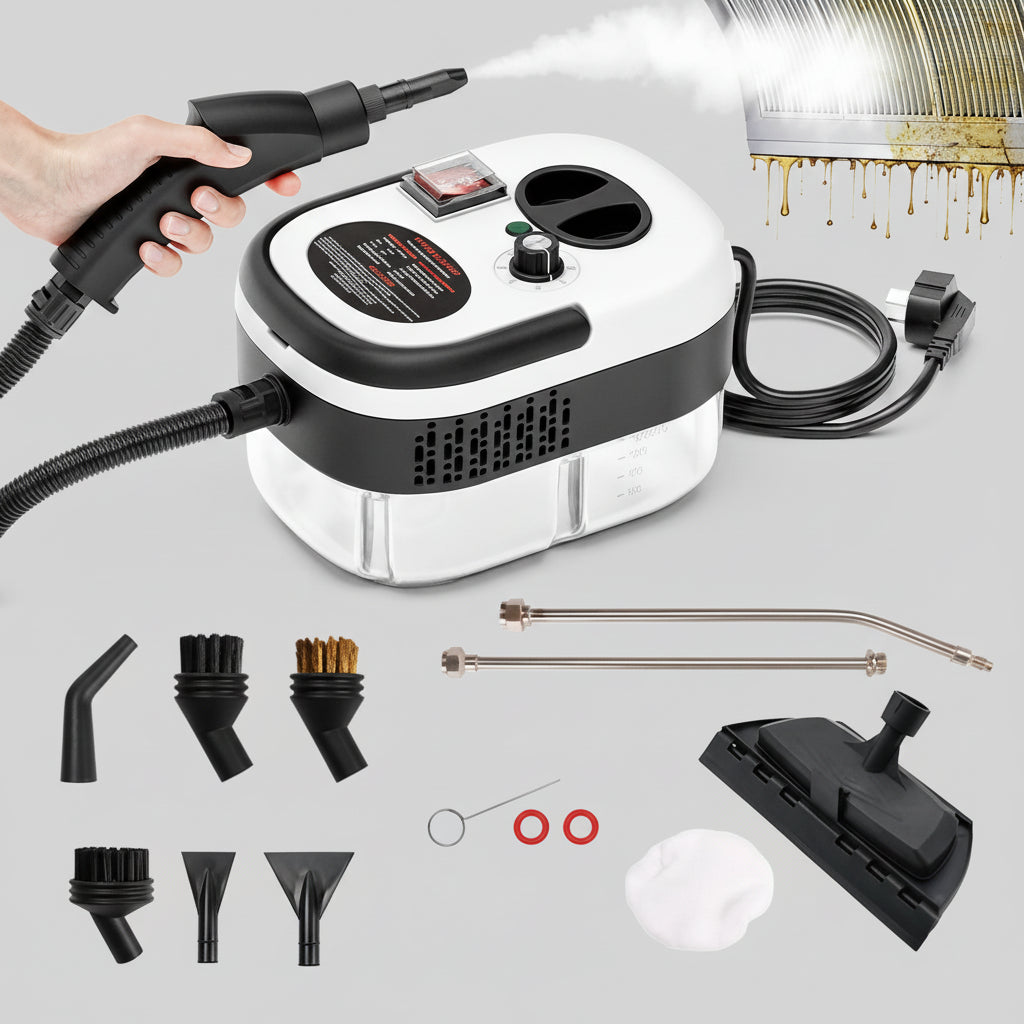 Steam cleaner with various attachments on a white background