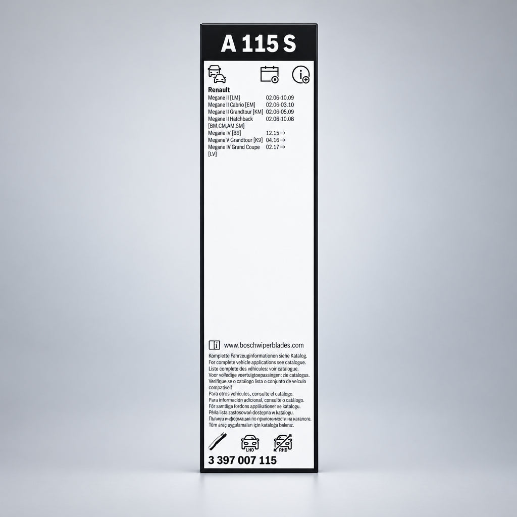 Spatele ambalajului Bosch A115S cu aplicații Renault și codul 3 397 007 115