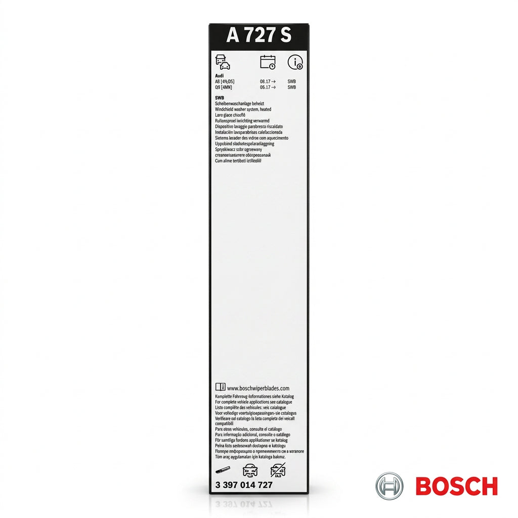 Eticheta ambalajului Bosch A727S cu aplicații și mențiunea sistemului de spălare încălzit