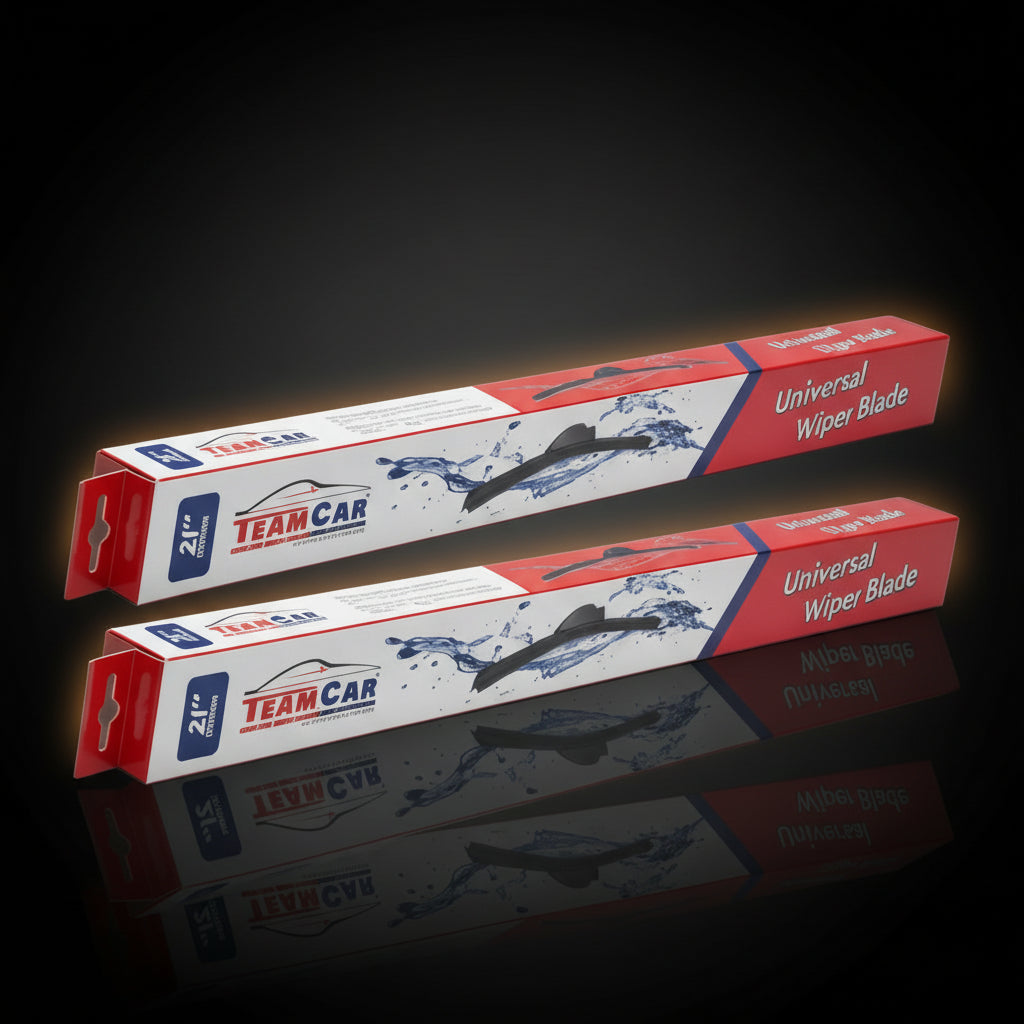 Set de 2 ștergătoare TeamCar flat cu prindere hook pe fundal negru.