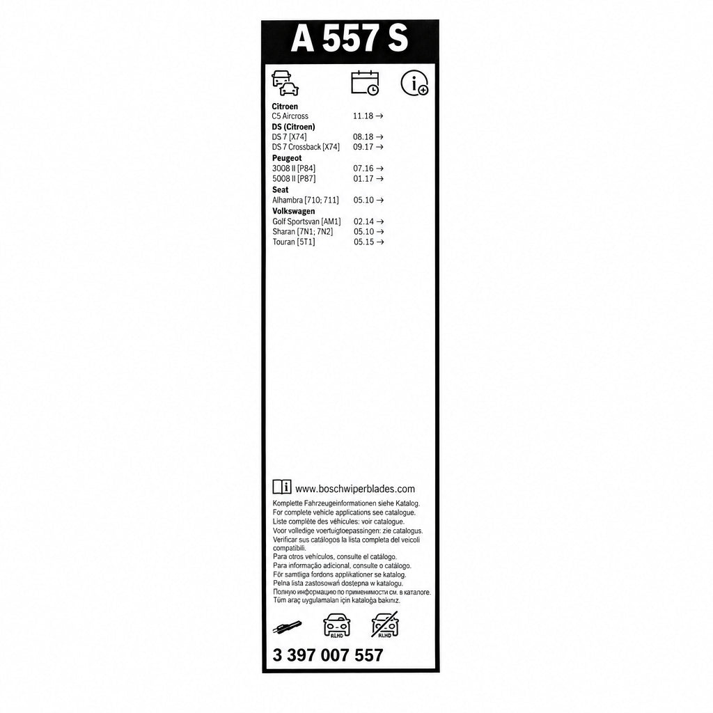 Spatele ambalajului Bosch A557S cu tabel de compatibilități și codul 3 397 007 557
