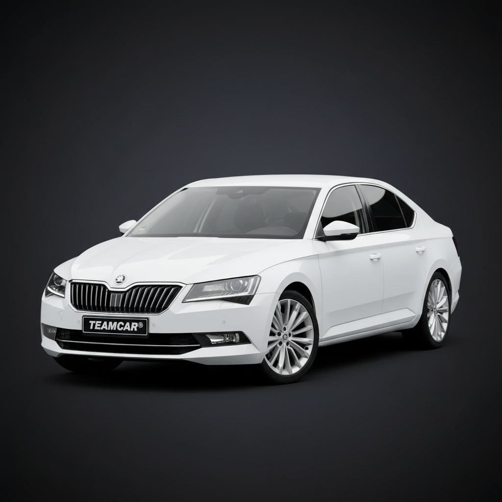 White skoda superb 3 car with 'TEAMCAR' branding on a dark background