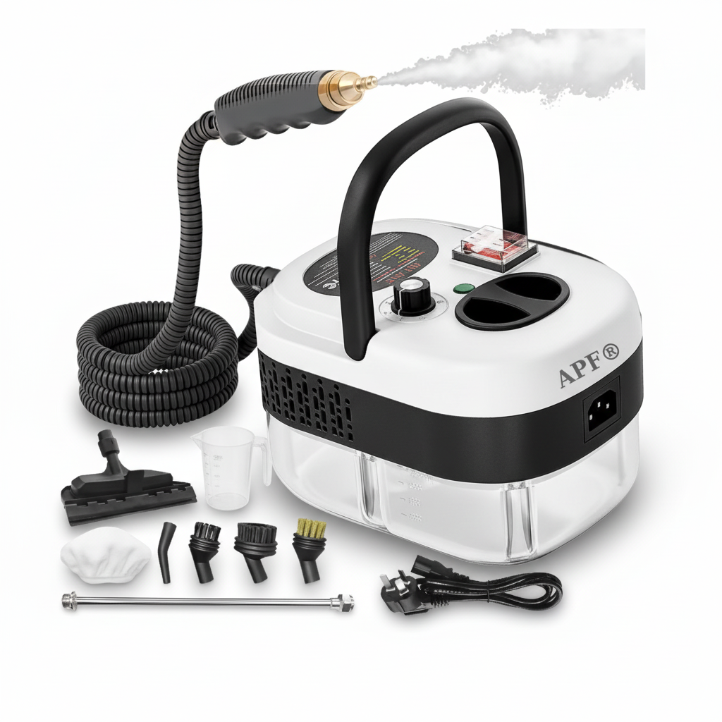 APF steam cleaner with attachments on a white background