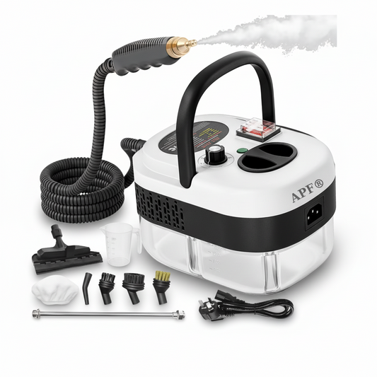 APF steam cleaner with attachments on a white background