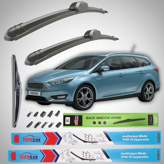 Car wiper blades with a blue Ford Focus III Turnier (2015–2018) and packaging on a white background