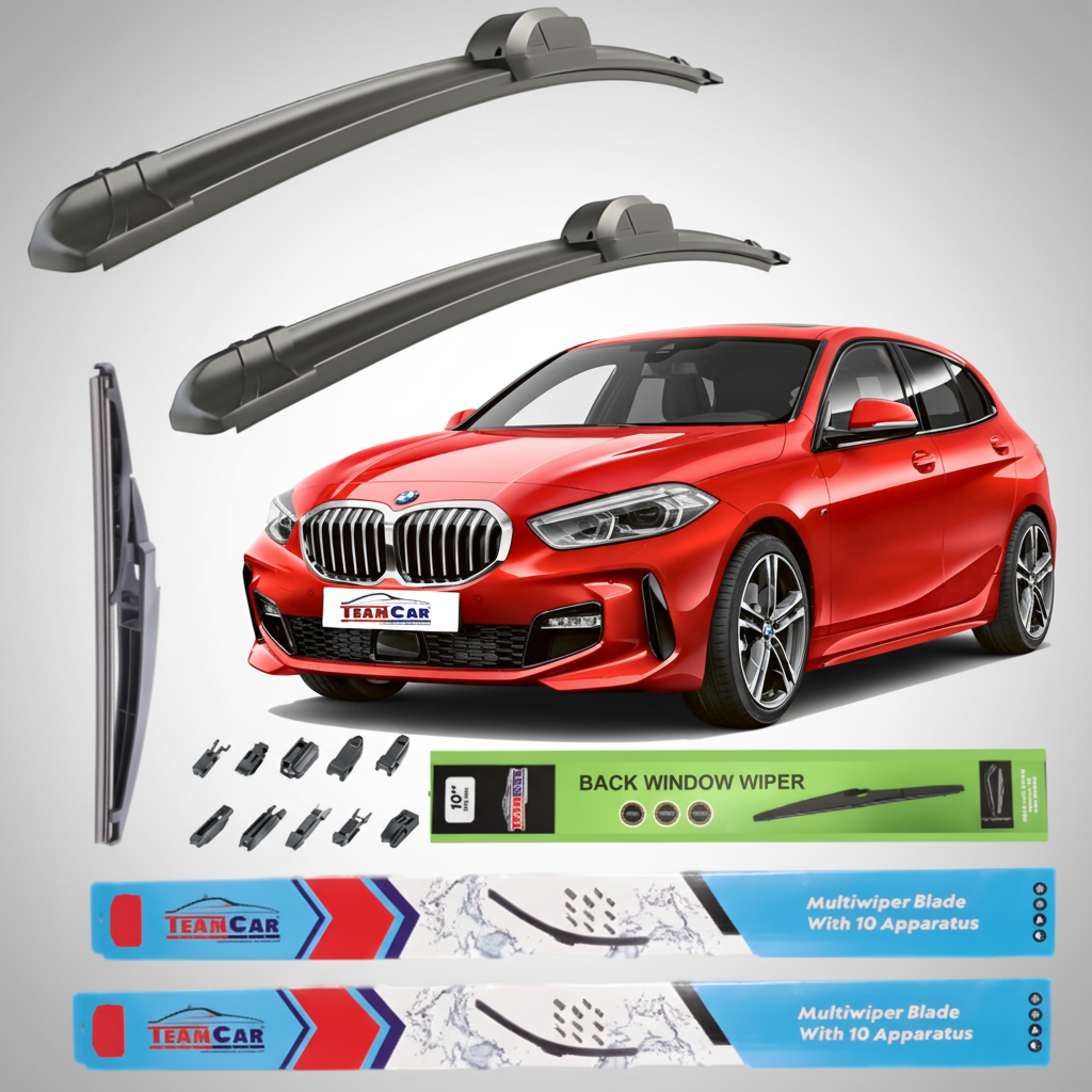 Car wiper blades with a red BMW Seria 1 F40 (2019–prezent) and packaging on a white background