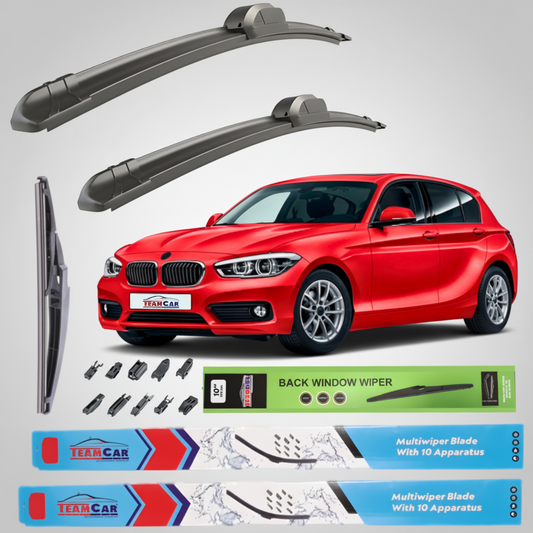 Car wiper blades with a red BMW Seria 1 F20/F21 (2011–2019) and branding on a white background