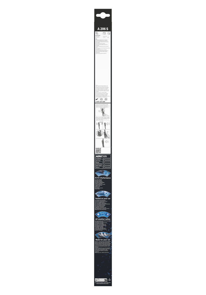 Spatele ambalajului Bosch Aerotwin A206S, cu instructiuni de montaj