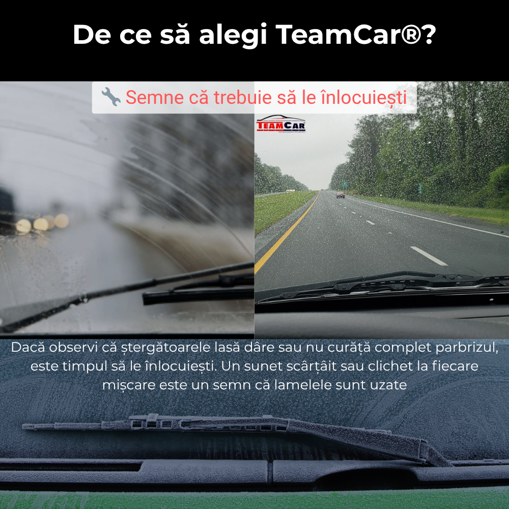 Car windshield with wipers and road view, promoting TeamCar brand.
