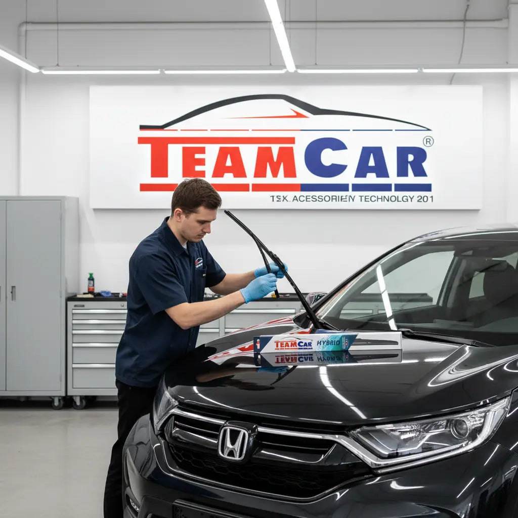 Imagine a atelierului de montaj ștergătoare teamcar cu un tehnician care montează un șergător hybrid la un suv honda