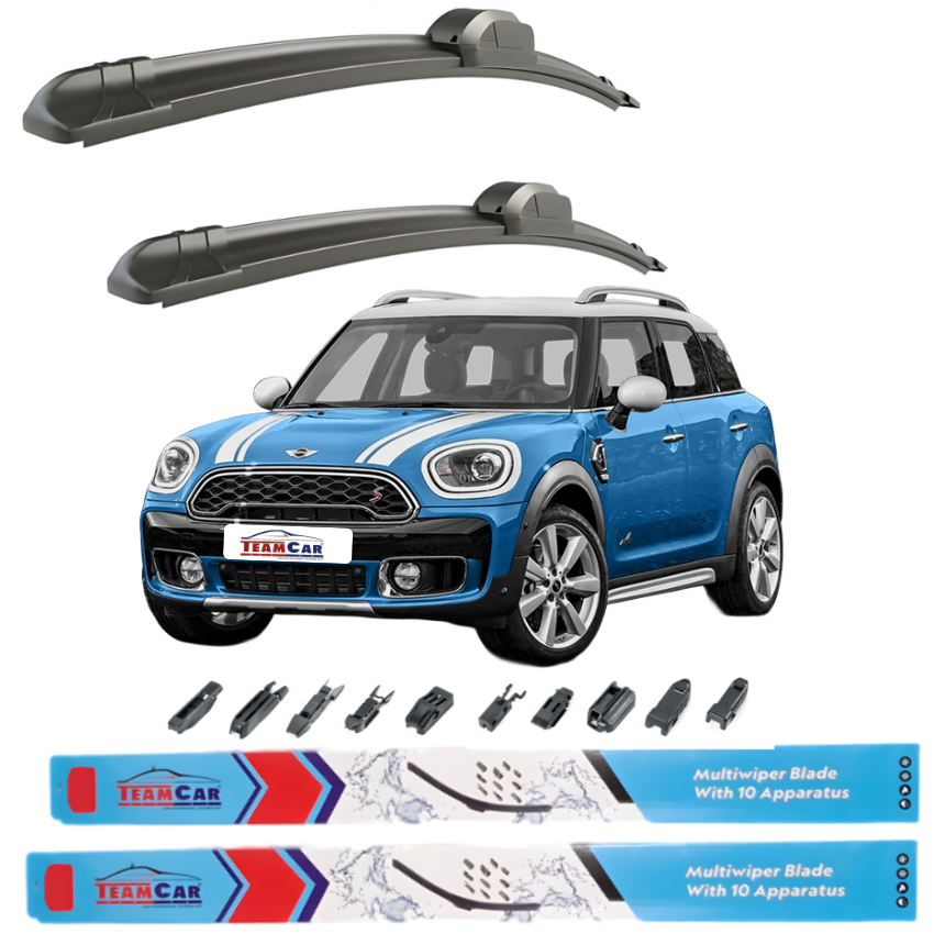 Two car wiper blades with a blue Mini Cooper car on a white background, featuring TeamCar branding.