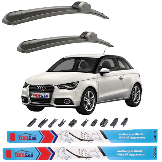 Car wiper blades with an Audi A1 (2010–2018) and Team Car branding on a white background