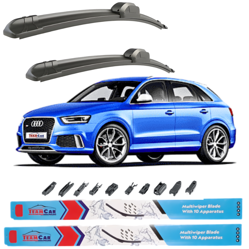 Two car wipers above a blue Audi Q3 I (2011–2018) SUV with TeamCar wiper blades displayed below.