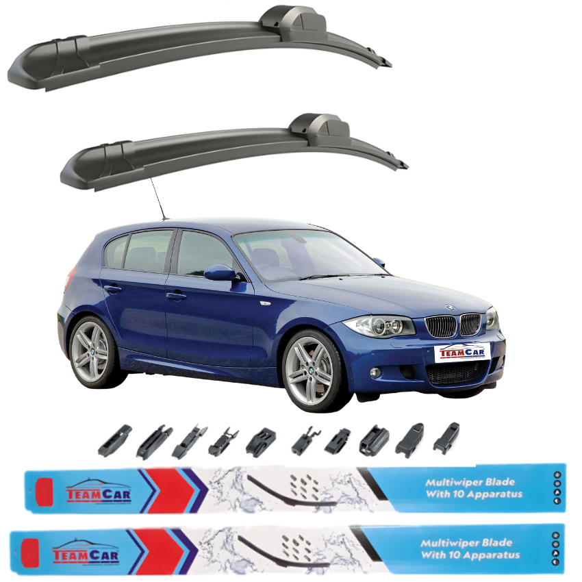Two car wiper blades above a blue BMW Seria 1 E87 (2004–2011) with TeamCar branding, and additional wiper blades below.