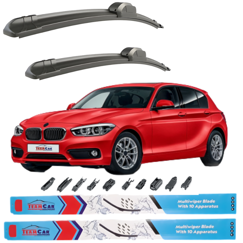 Car wiper blades with a red BMW Seria 1 F20 (2011–2019) and Team Car branding on a white background