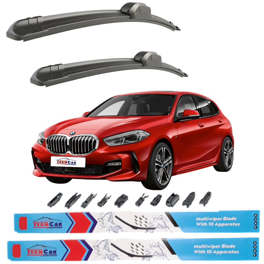 Two car wiper blades with a red BMW Seria 1 F40 (2019–prezent) and additional wiper parts on a white background.