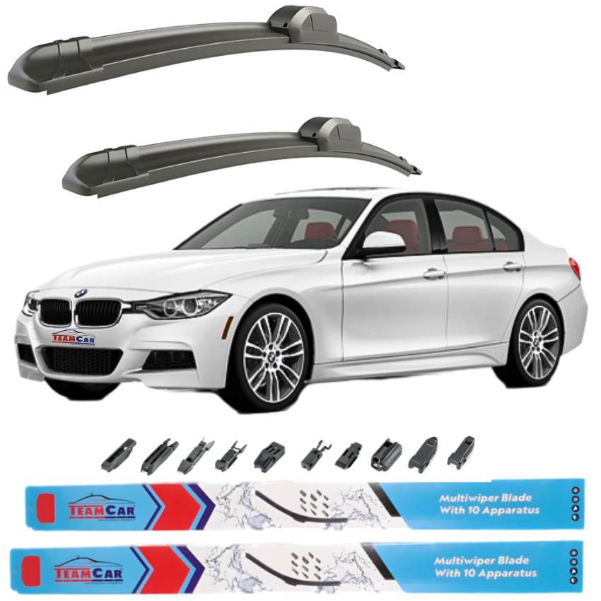 Car wiper blades with a white BMW Seria 3 F30 (2012–2019) and Team Car branding on a white background