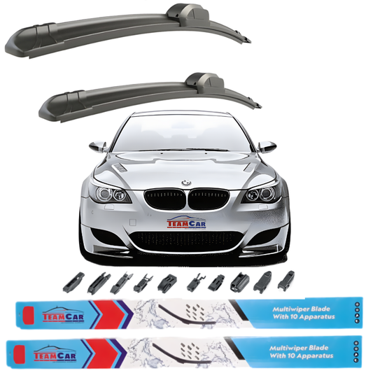 Car wiper blades with a BMW Seria 5 E60 (2003–2010) and Team Car branding on a white background