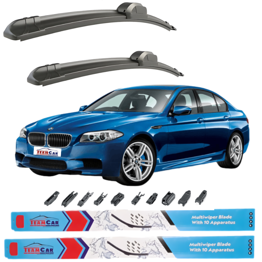 Two car wiper blades above a blue BMW Seria 5 F10 (2010–2017) with wiper blade accessories displayed below.