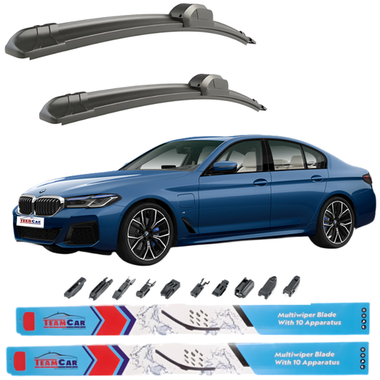 Car wiper blades with a blue BMW Seria 5 G30/G31 (2017–2024) and additional wiper parts on a white background