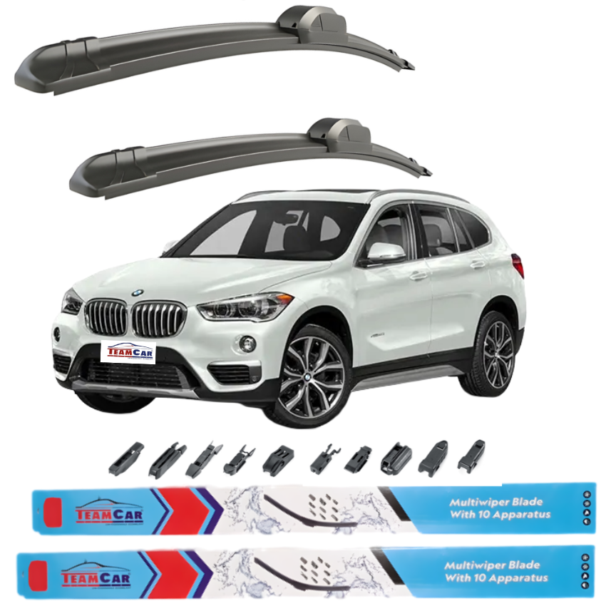 Car wiper blades with a white BMW X1 F48 (2015–2022) and TeamCar branding on a white background