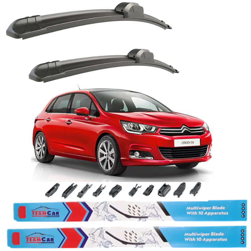 Two car wiper blades above a red Citroën C4 II (2010–2018) with wiper blade packaging below on a white background.